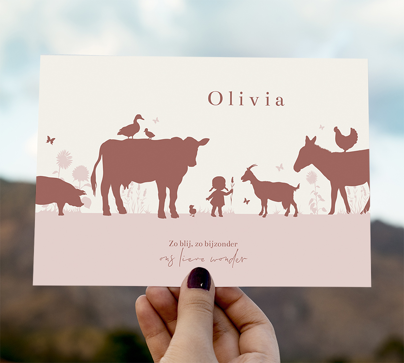 roze geboortekaartje met silhouet meisje en boerderij dieren